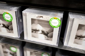 Stacks of Taylor Swift's latest album on store shelves.