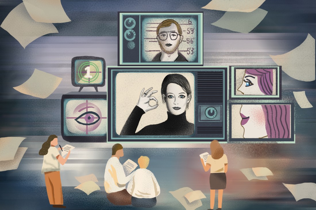 An illustration of four people standing in a room in front of 6 TV screens of diffeerent sizes that show Elizabeth Holmes on them.