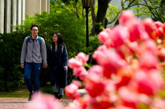 Two people walk by pink tulips outside on a sunny day.