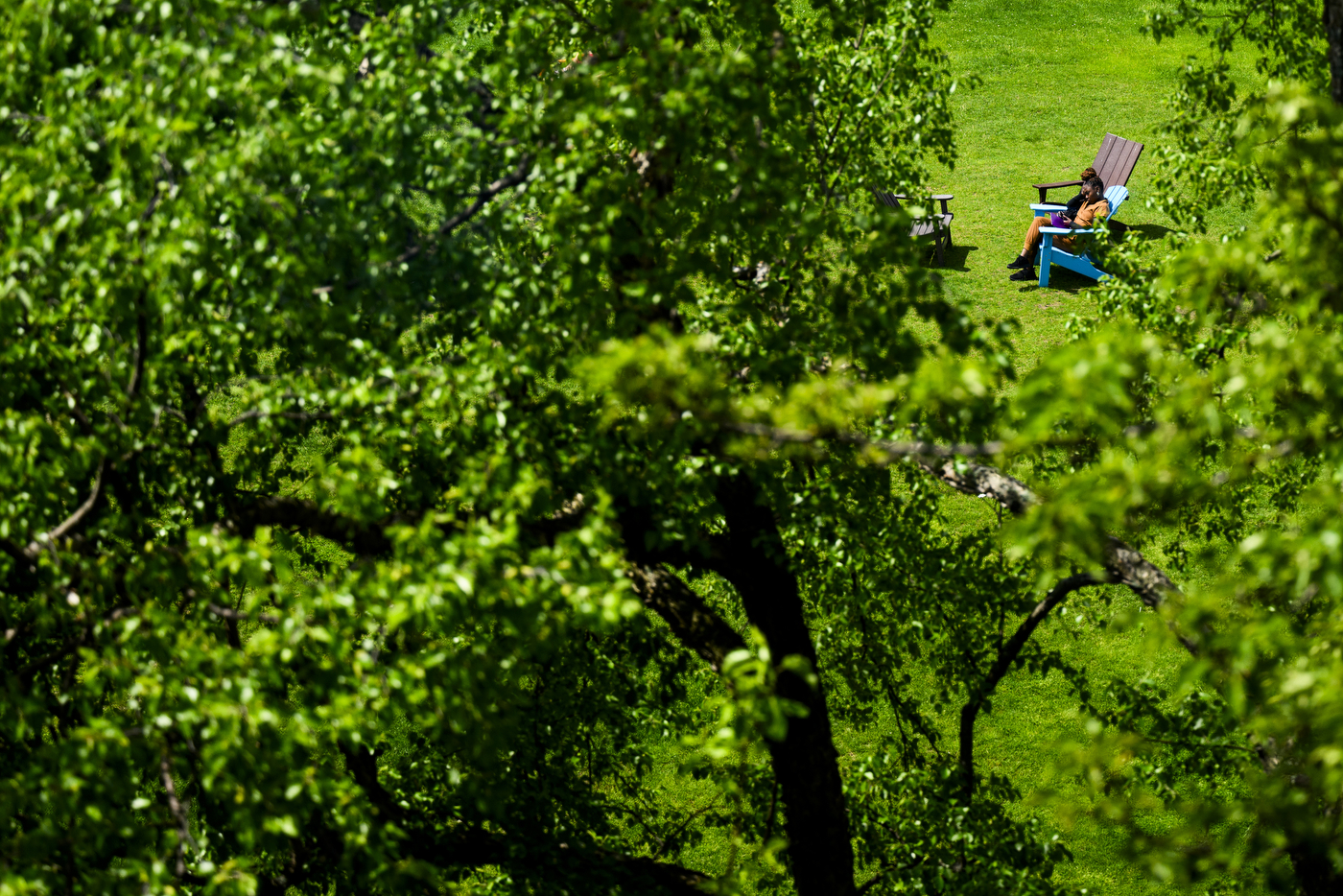 A person sits on a lawn chair outside on a sunny day.