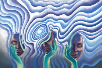 Blue swirls surround three heads held by green-colored hands over a grey background.
