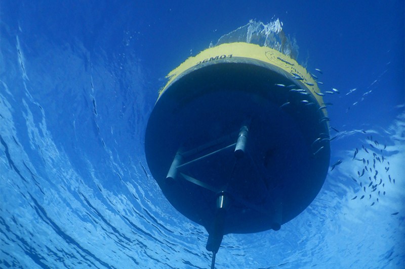 The yellow Project Ceti listening station photographed from under the water. 