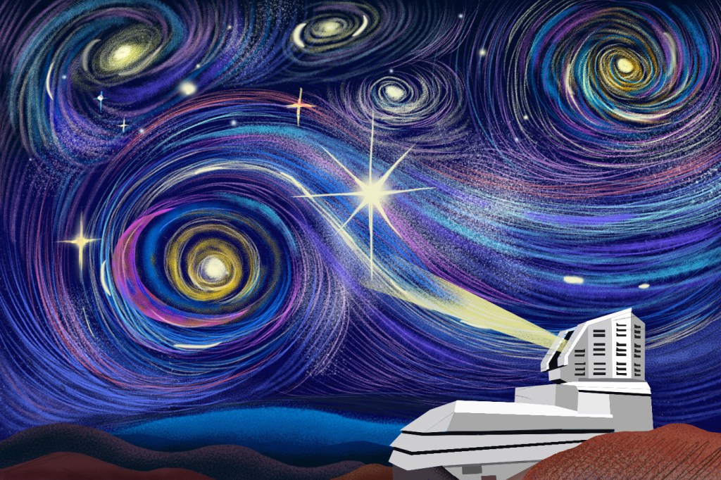 An illustration showing a space observatory in Chile with a telescope the size of an SUV looking out into a night sky in the style of Van Gogh's Starry Night.