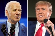 Joe Biden speaking into a microphone (left) and Donald Trump speaking into a microphone (right).
