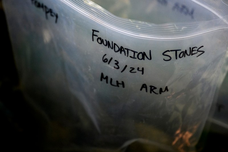 A plastic bag labeled "Foundation Stones 6/3/24". 