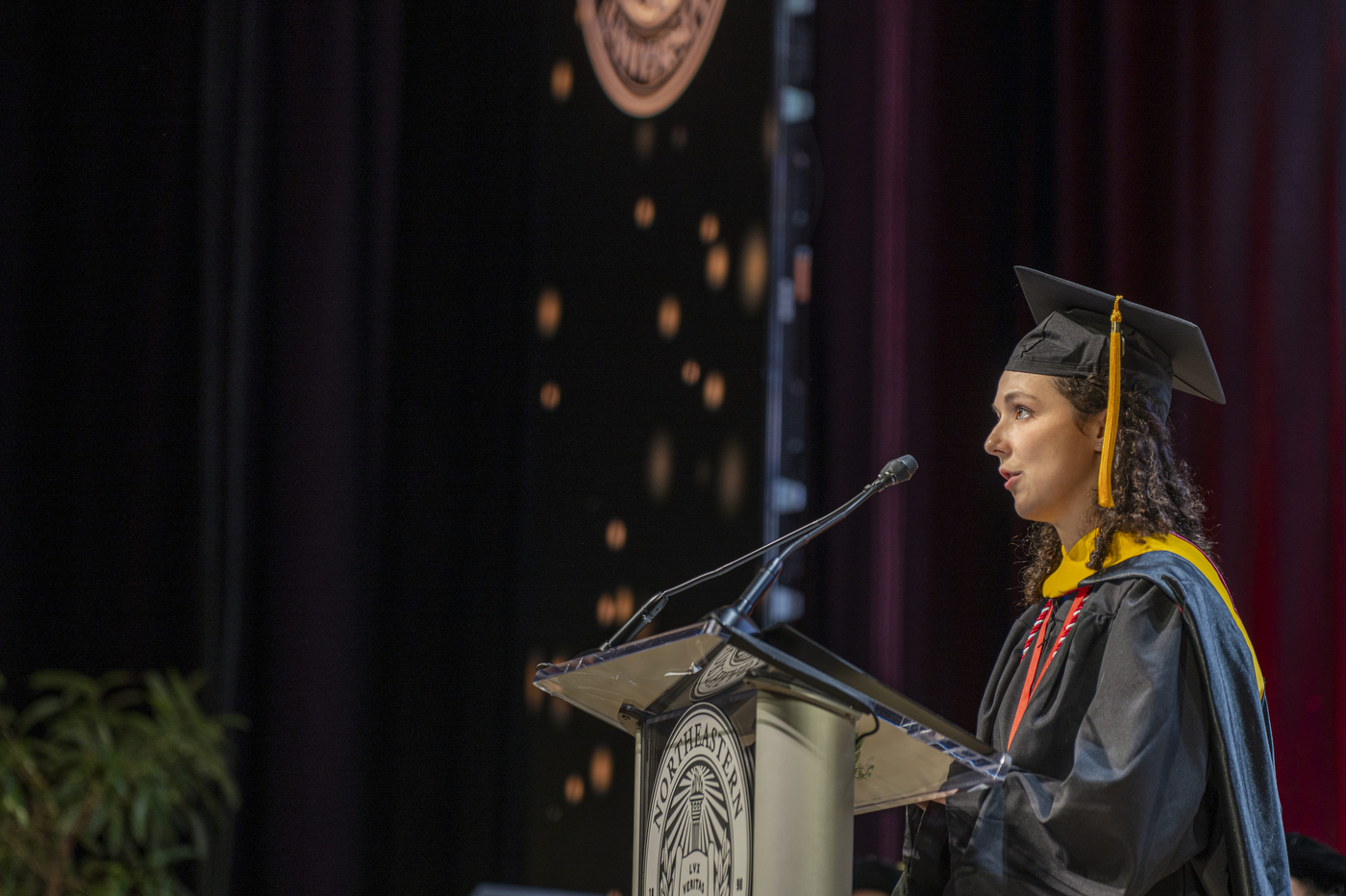 The student speaker for Northeastern's 2024 Roux Institute commencement speaking on stage.