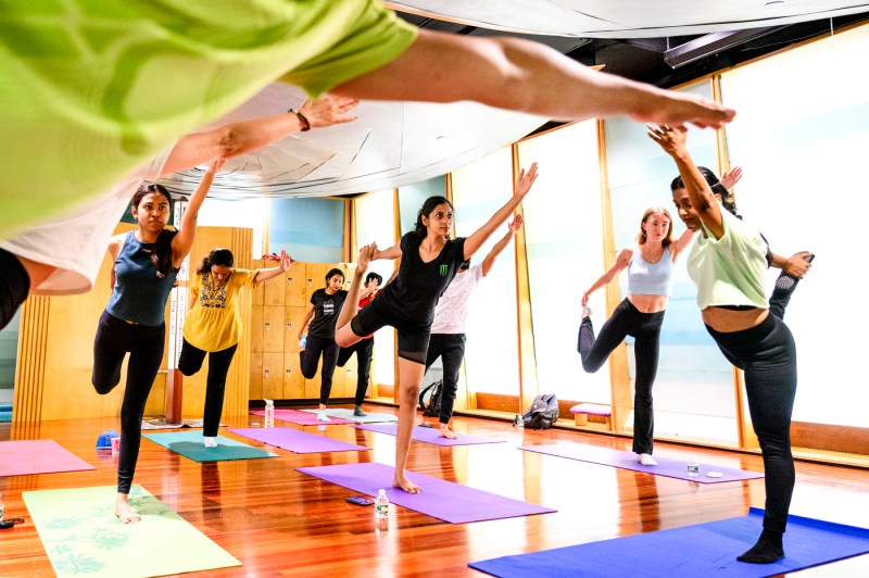 People participate in yoga while standing on mats in a brightly lit room.