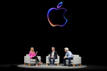 Justine Ezarik and Craig Federighi and John Giannandrea at the Apple event.