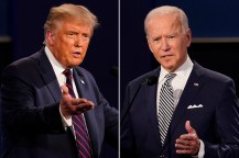 Trump at a presidential debate (left) and Biden at a presidential debate (right).