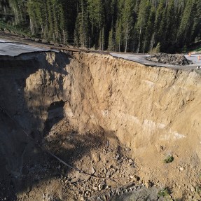 An aerial view of the collapsed Teton Pass in Wyoming.