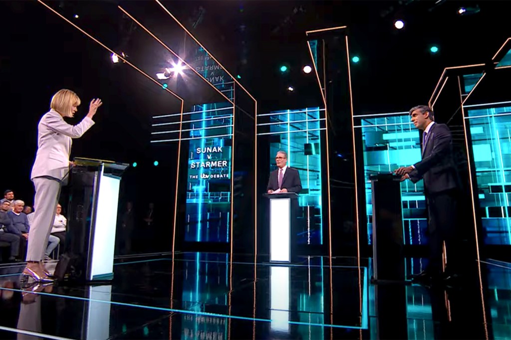 A screen capture of the UK Election debate between Keir Starmer and Rishi Sunak.