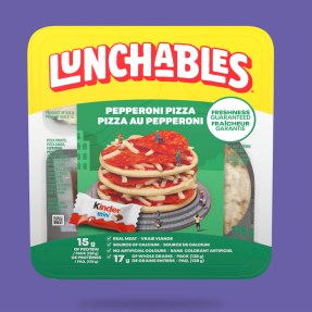 A pack of lunchables on a purple background.