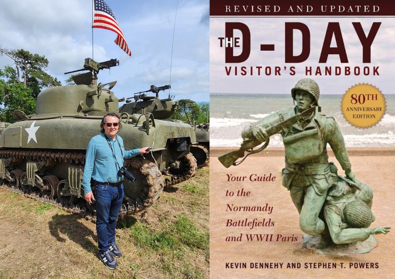 Headshot of Kevin Dennehy (right) next to a book cover titled "The D-Day Visitor's Handbook." 