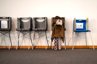 A person wearing a brown jacket votes at a voting booth.