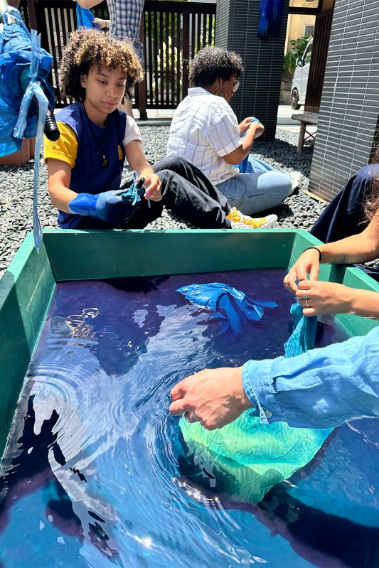 Estudiantes trabajando en un proyecto de arte dentro de una bañera al aire libre.