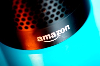 An angled image of an Amazon Echo device.
