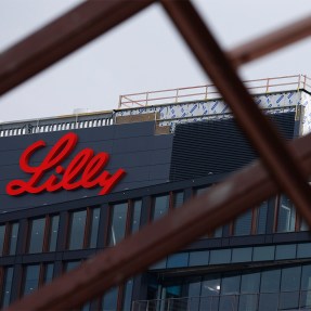 An Eli Lilly office with the red logo on it.