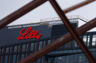 An Eli Lilly office with the red logo on it.