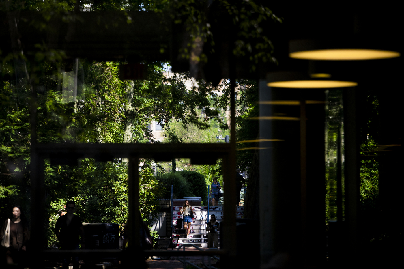 People can be seen through glass windows walking across a college campus entire of greenery.