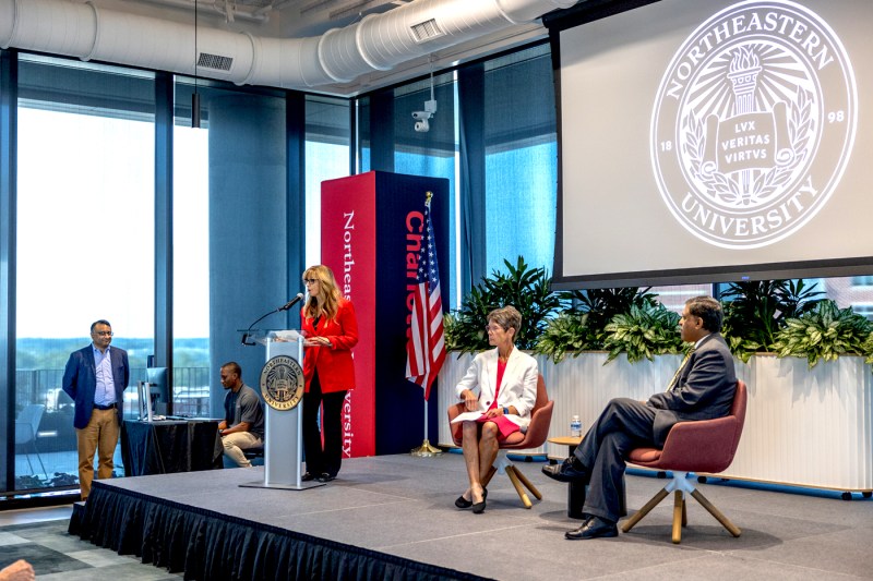 A person speaking at a podium at a fireside chat.