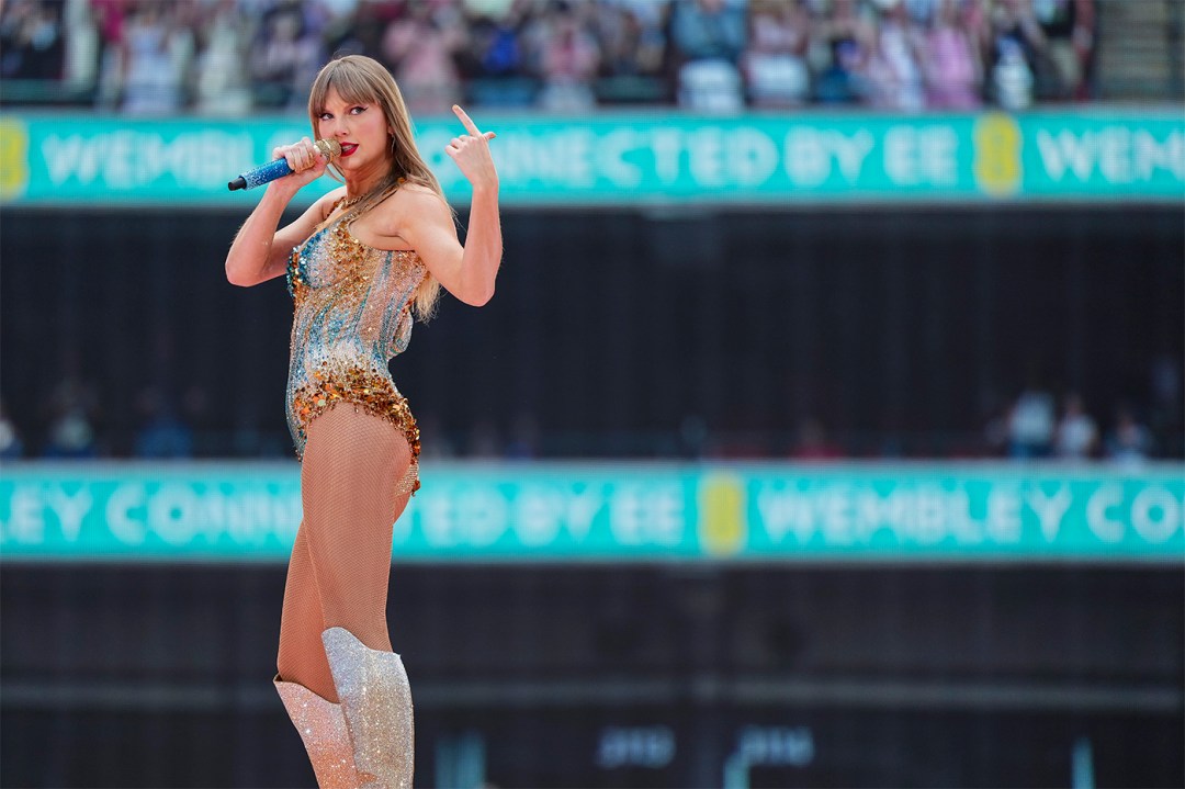 Taylor Swift performing at Wembley Stadium at the Eras Tour.