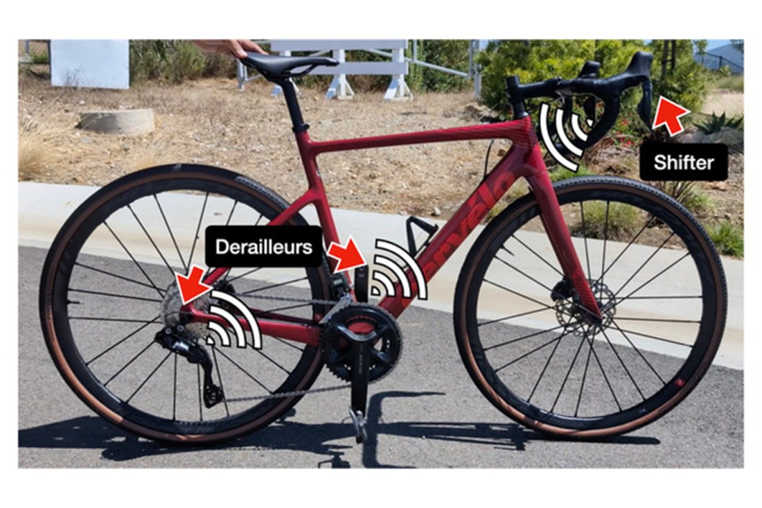 A photo of a red bike with the shifters and derailleurs marked off.