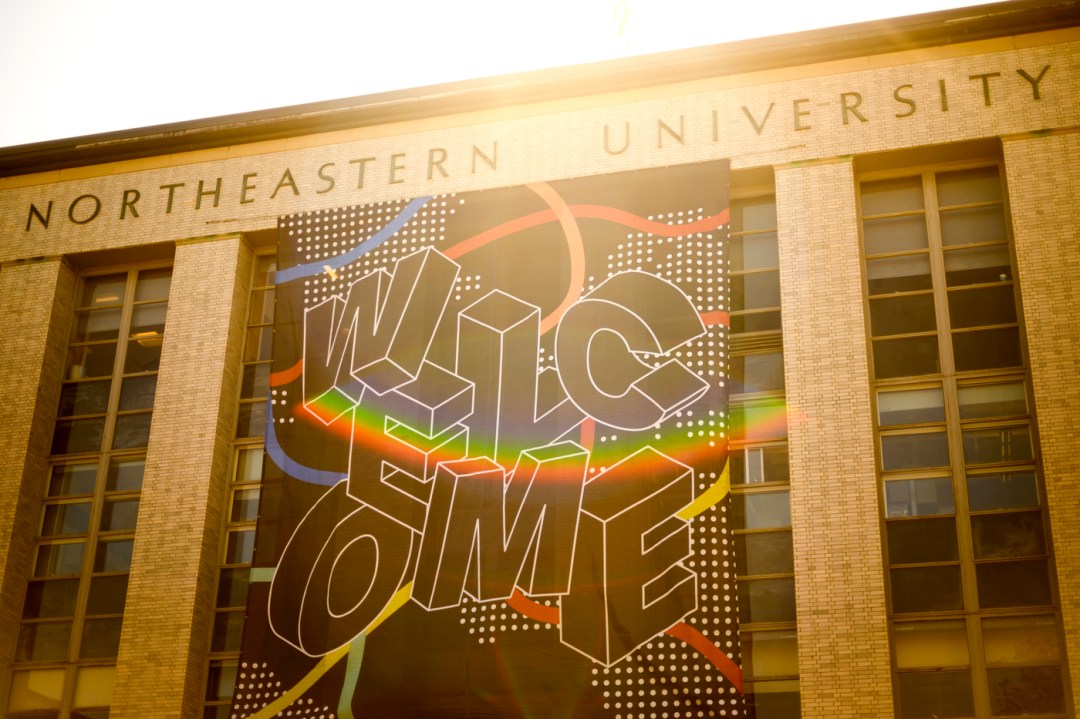 A welcome sign on the Northeastern Boston campus.