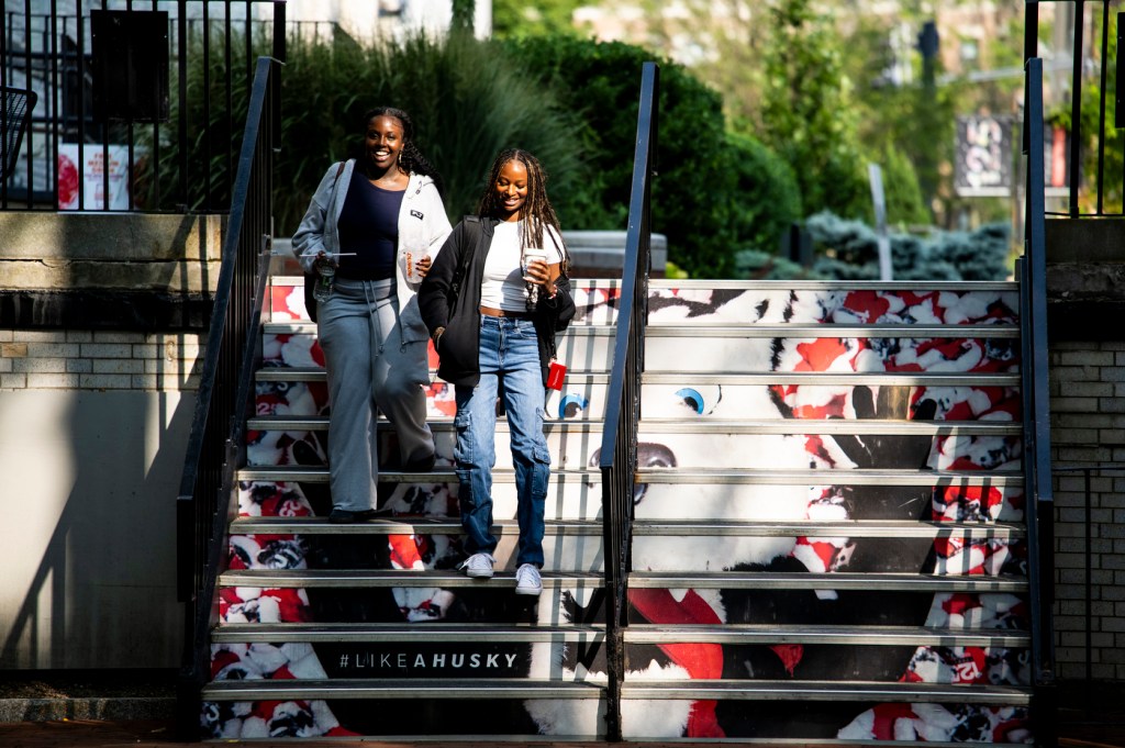 Two people walk down stairs outside on a sunny day.