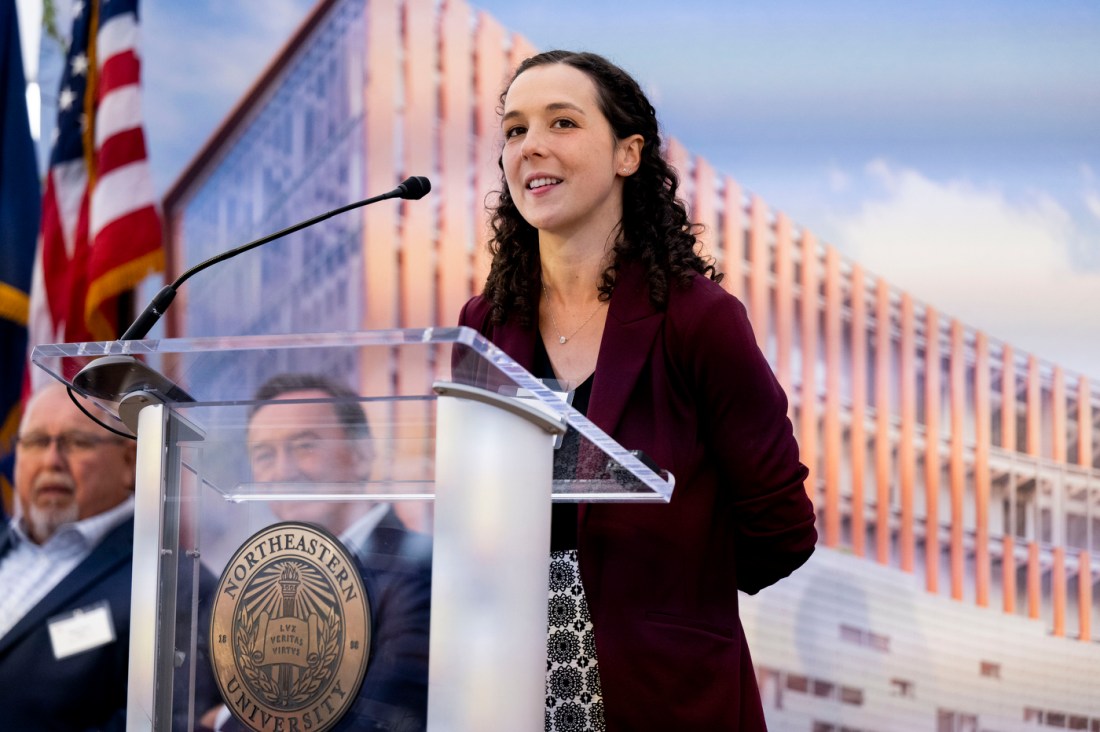 A speaker at the Portland ground breaking. 