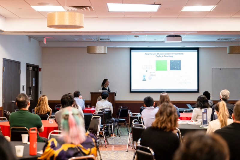 Rebecca Carrier speaks to a class at a symposium.