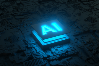 An illustration of the letters AI glowing blue in a box.