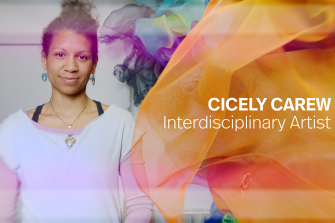 Headshot of Cicely Carew with overlaid text that says her name and 'interdisciplinary artist'.