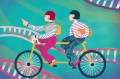 An illustration of two twins riding a tandem bicycle with strands of DNA in the background.