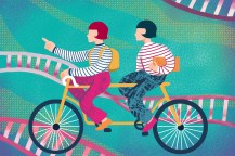 An illustration of two twins riding a tandem bicycle with strands of DNA in the background.