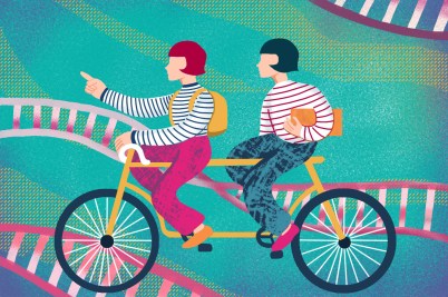 An illustration of two twins riding a tandem bicycle with strands of DNA in the background.
