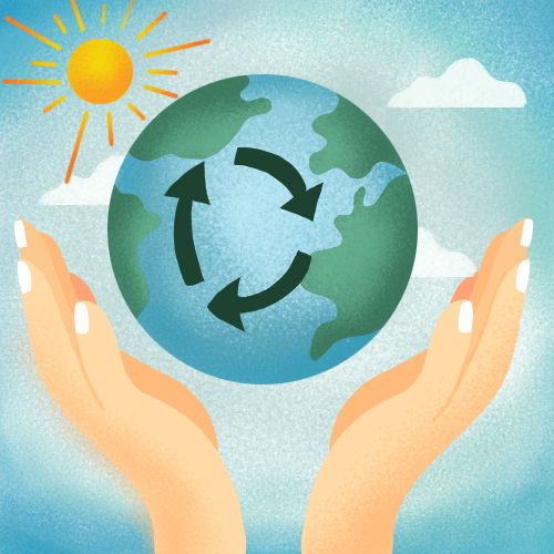 Two hands flank a globe that has the recycle symbol on it