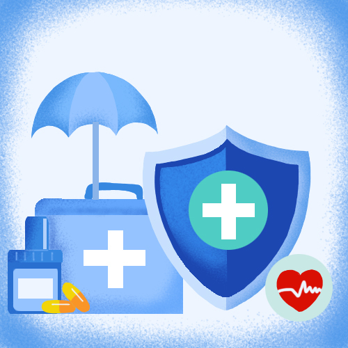 A shield with a medical cross on it, a heart with a heart monitor graph, some pills, and an umbrella covering a first aid kit.