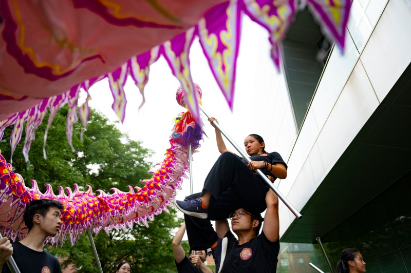 A performer interacts with a large, colorful prop during an outdoor routine.