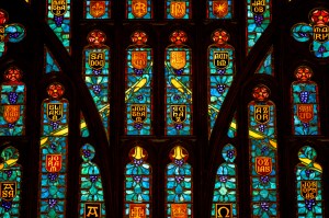 A stained glass window in the Fenway Center.