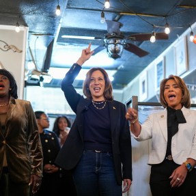 Vice President Kamala Harris, Quetcy Lozada, and Cherelle Parker standing next to each other cheering with a Puerto Rican flag hung in the background.