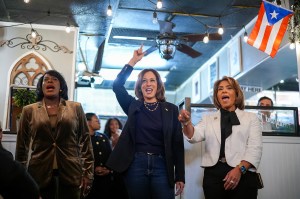 Vice President Kamala Harris, Quetcy Lozada, and Cherelle Parker standing next to each other cheering with a Puerto Rican flag hung in the background.