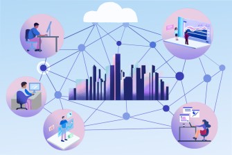 An illustration of a downtown center and several circles with illustrations of remote work connected to it by a web.