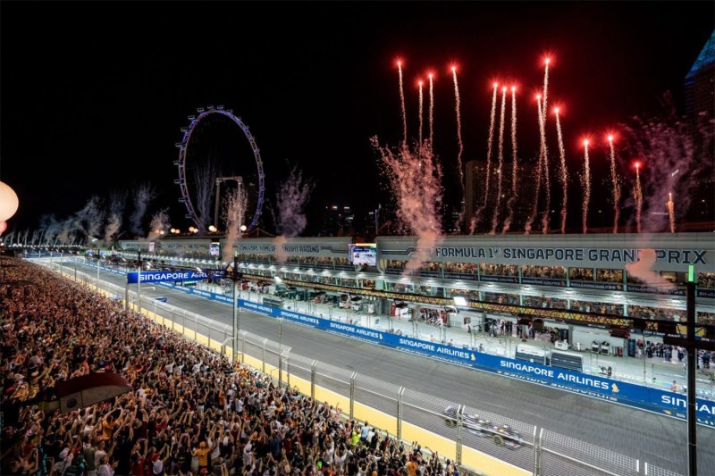 Fireworks exploding at the finish of the Singapore Grand Prix. 