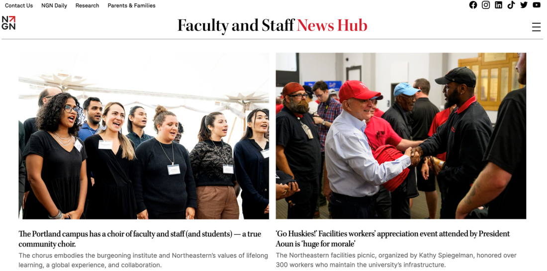 A screenshot of the Faculty and Staff News Hub website showing two stories, one about the Portland campus choir and one about President Aoun attending the Facilities workers' BBQ. 