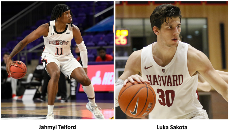 Jahmyl Telford playing basketball for Northeastern and Luka Sakota playing for Harvard.