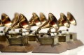 Rows of Grammy Awards.