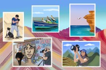 A graphic illustration showing different drawings of students interviewing people in Peru, filming them on camera, pelicans on a boat, and a person cliff diving.