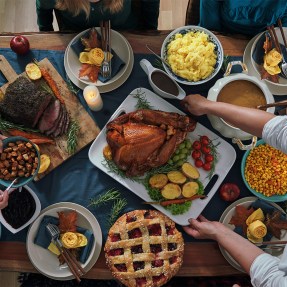 A table full of thanksgiving food.