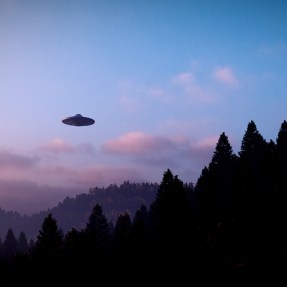 An illustration of a UFO flying over a forest.