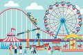 A graphic illustration of a theme park with a ferris wheel, a roller coaster, a merry go round, and several other rides.